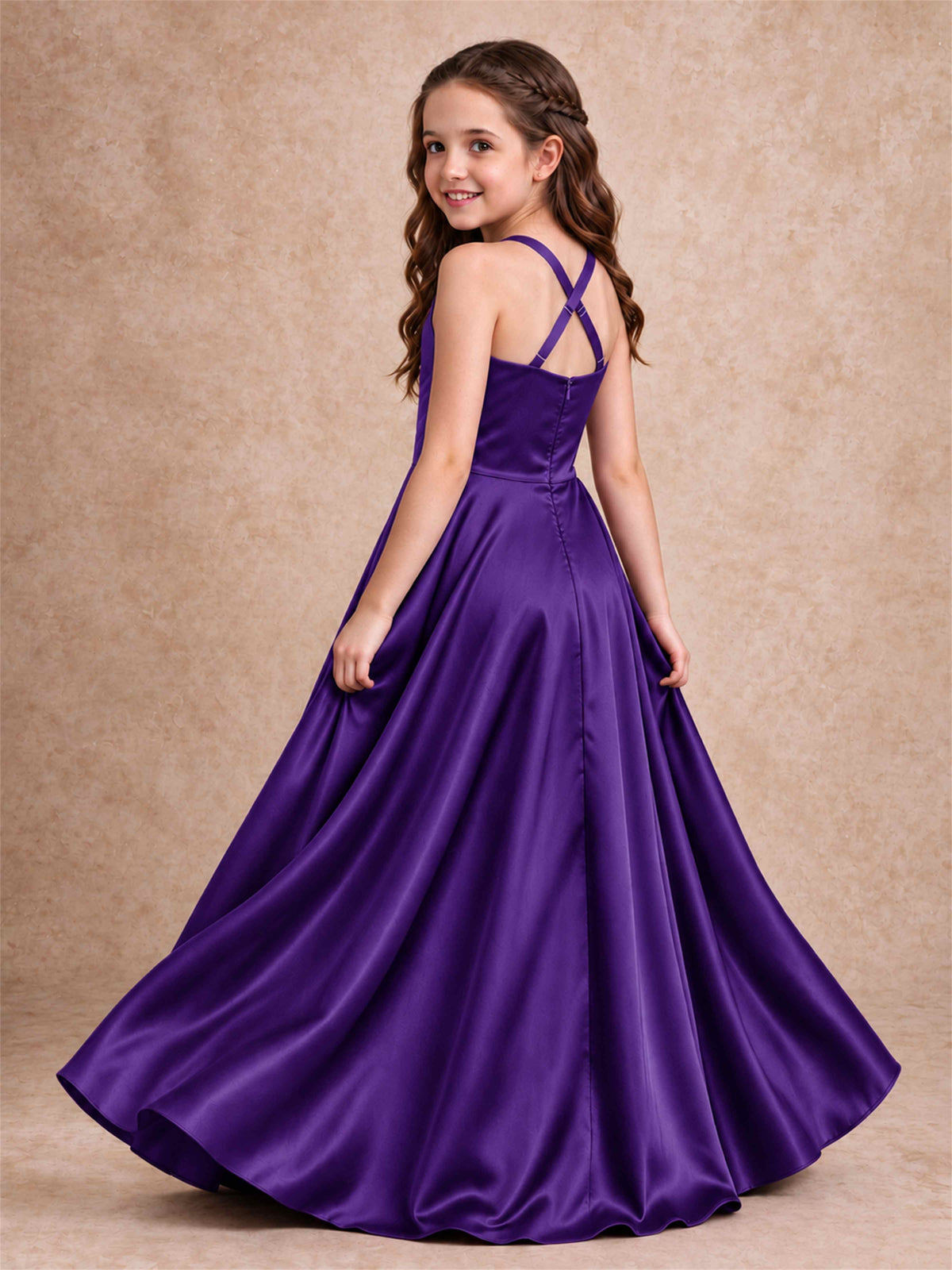 Satin Junior Bridesmaid Dress Spaghetti Strap Criss Cross Back High Low Wedding Gown