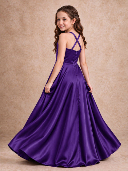 Satin Junior Bridesmaid Dress Spaghetti Strap Criss Cross Back High Low Wedding Gown