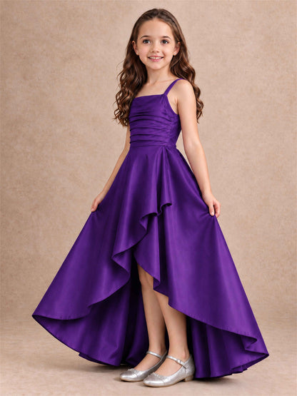 Satin Junior Bridesmaid Dress Spaghetti Strap Criss Cross Back High Low Wedding Gown