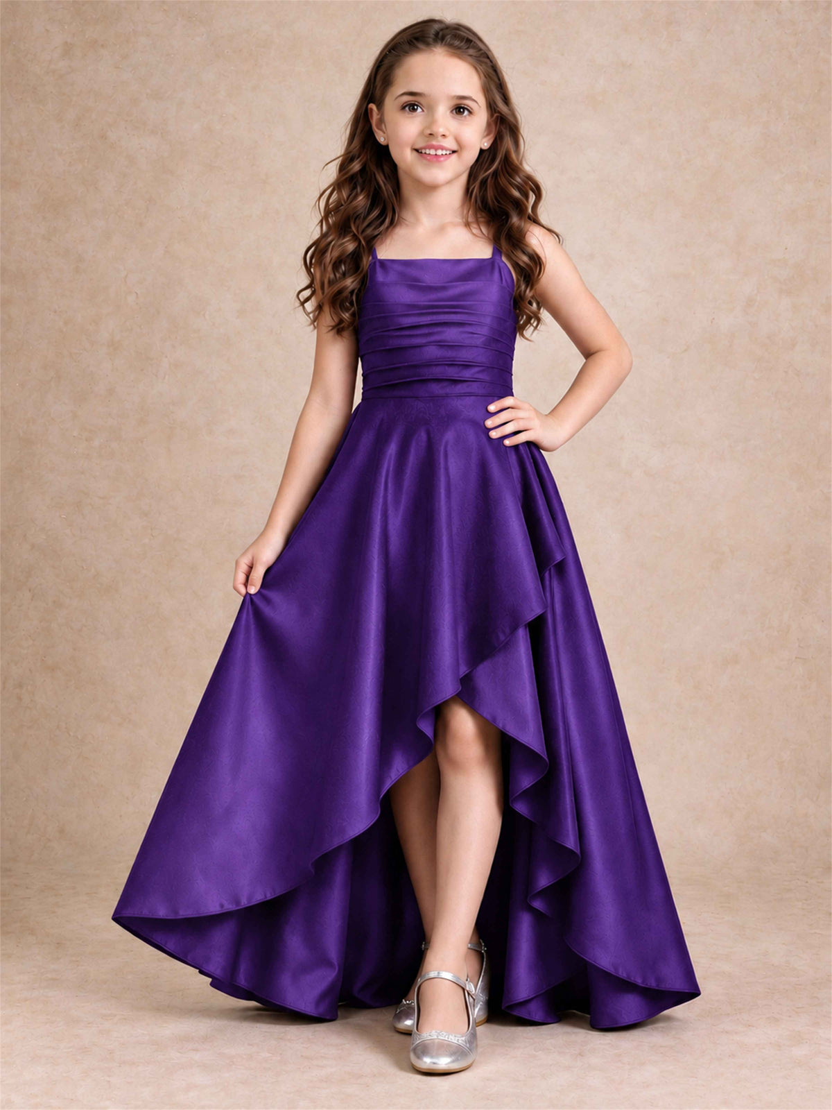 Satin Junior Bridesmaid Dress Spaghetti Strap Criss Cross Back High Low Wedding Gown