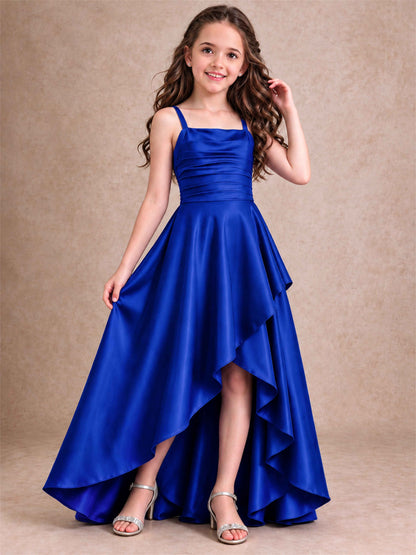 Satin Junior Bridesmaid Dress Spaghetti Strap Criss Cross Back High Low Wedding Gown