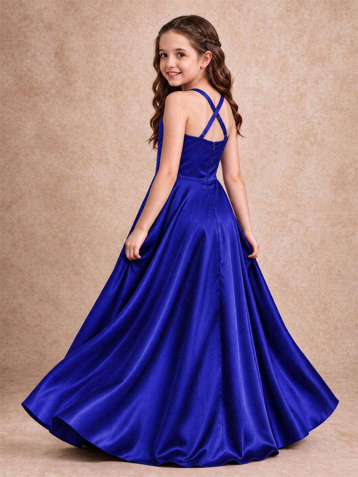 Satin Junior Bridesmaid Dress Spaghetti Strap Criss Cross Back High Low Wedding Gown