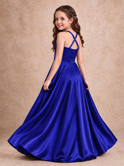 Satin Junior Bridesmaid Dress Spaghetti Strap Criss Cross Back High Low Wedding Gown