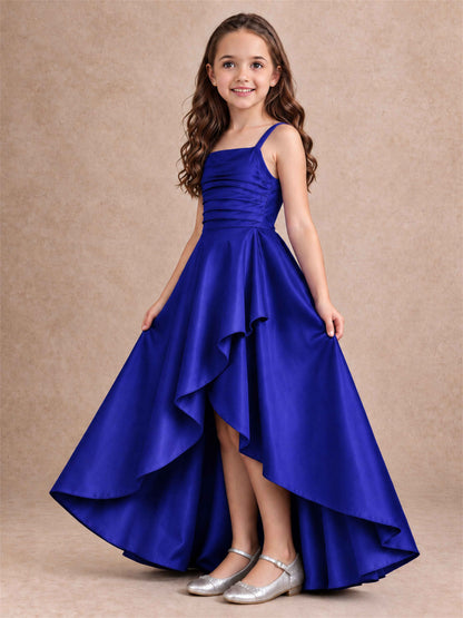 Satin Junior Bridesmaid Dress Spaghetti Strap Criss Cross Back High Low Wedding Gown