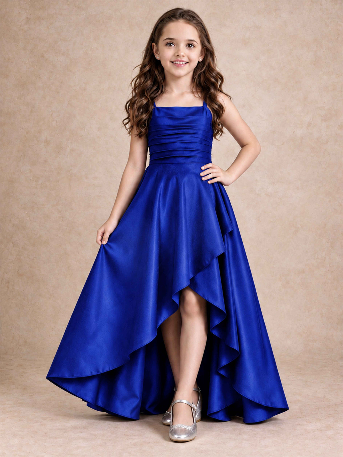 Satin Junior Bridesmaid Dress Spaghetti Strap Criss Cross Back High Low Wedding Gown