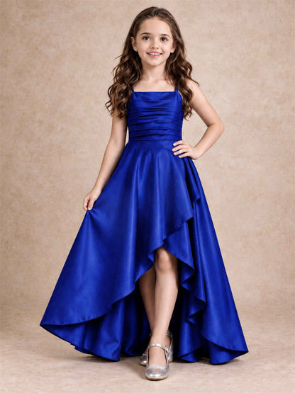 Satin Junior Bridesmaid Dress Spaghetti Strap Criss Cross Back High Low Wedding Gown