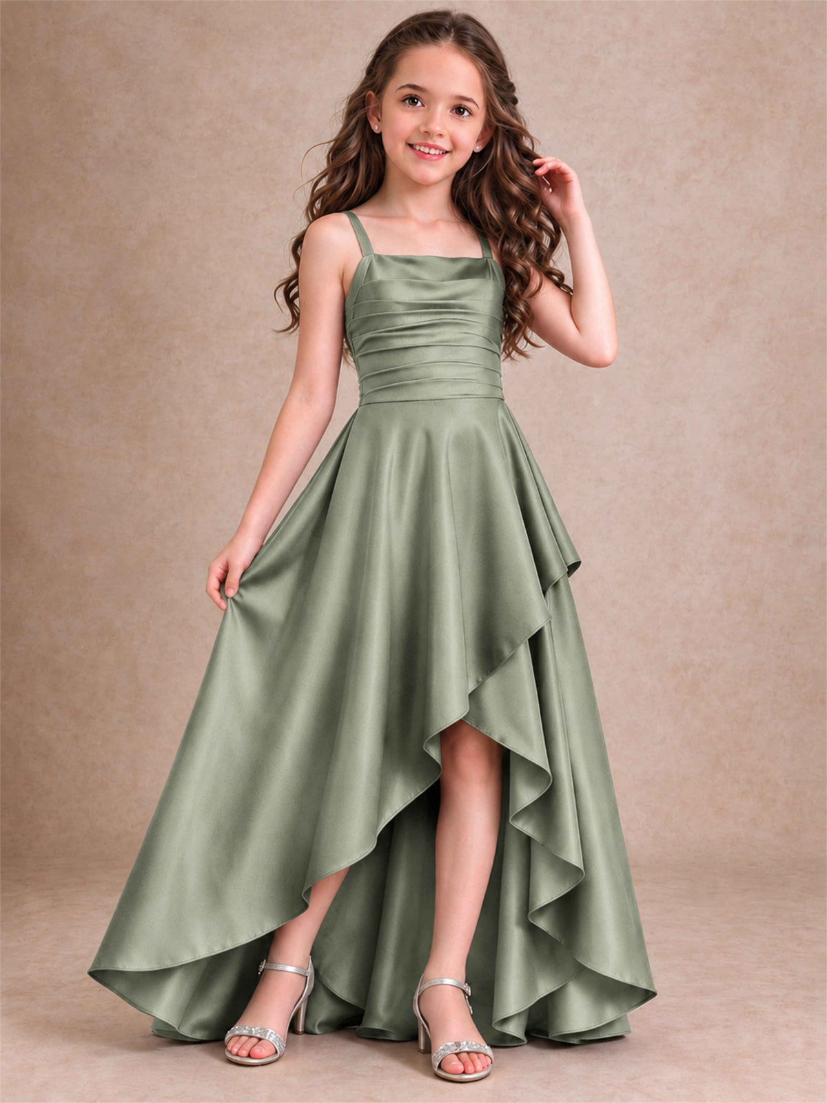 Satin Junior Bridesmaid Dress Spaghetti Strap Criss Cross Back High Low Wedding Gown
