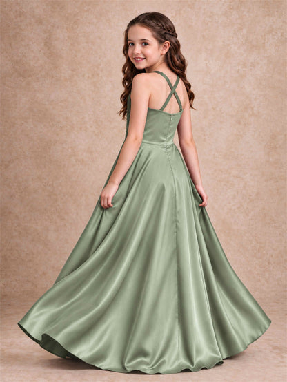 Satin Junior Bridesmaid Dress Spaghetti Strap Criss Cross Back High Low Wedding Gown