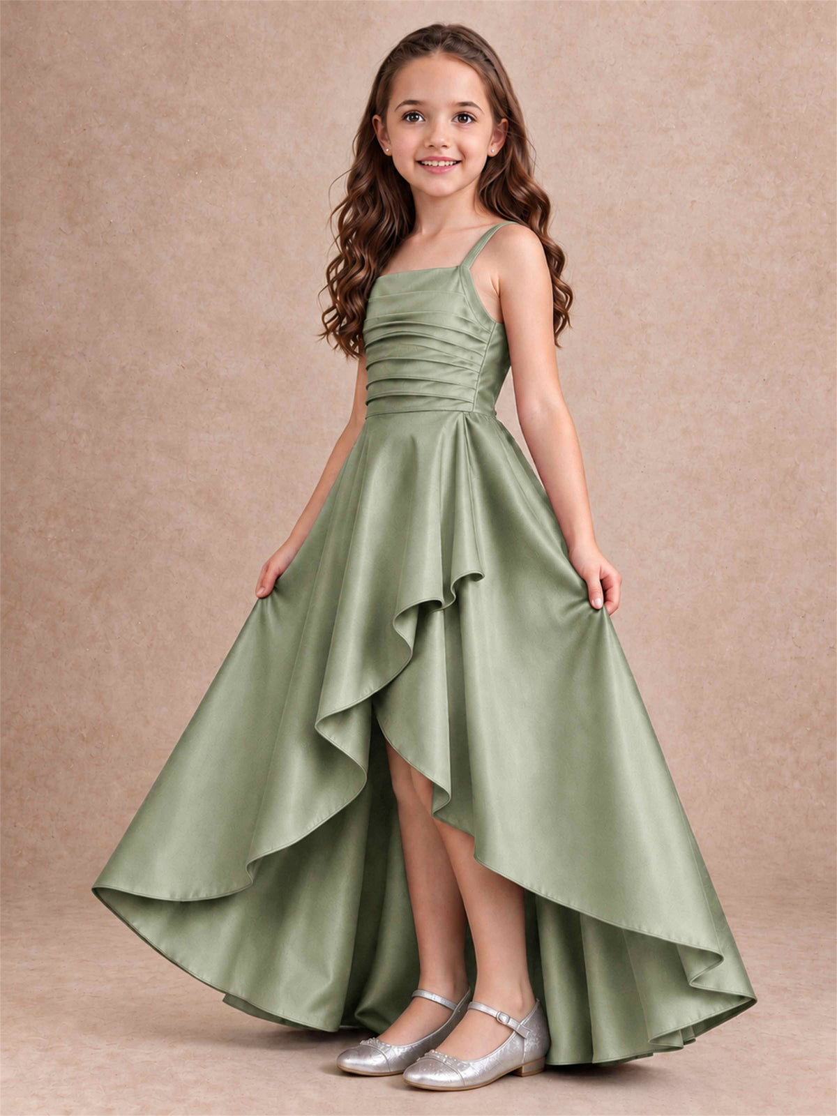 Satin Junior Bridesmaid Dress Spaghetti Strap Criss Cross Back High Low Wedding Gown