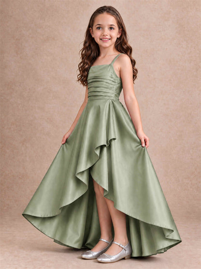 Satin Junior Bridesmaid Dress Spaghetti Strap Criss Cross Back High Low Wedding Gown