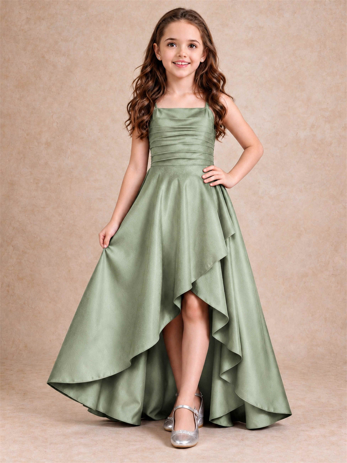 Satin Junior Bridesmaid Dress Spaghetti Strap Criss Cross Back High Low Wedding Gown
