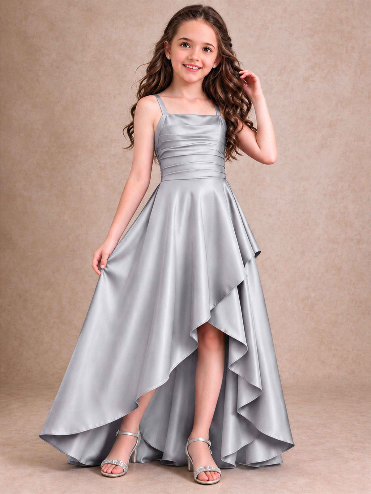 Satin Junior Bridesmaid Dress Spaghetti Strap Criss Cross Back High Low Wedding Gown