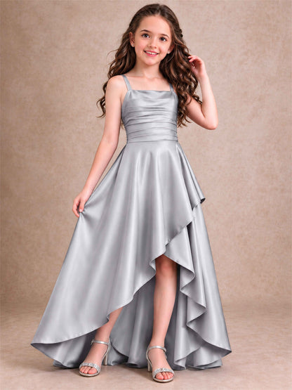 Satin Junior Bridesmaid Dress Spaghetti Strap Criss Cross Back High Low Wedding Gown