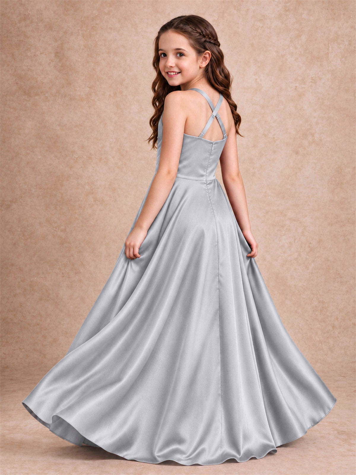 Satin Junior Bridesmaid Dress Spaghetti Strap Criss Cross Back High Low Wedding Gown