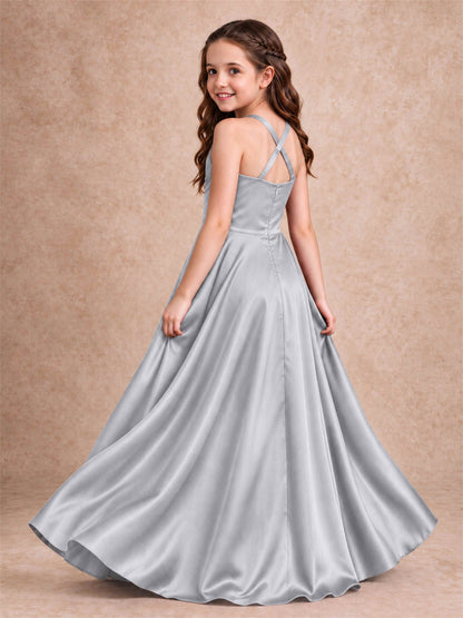 Satin Junior Bridesmaid Dress Spaghetti Strap Criss Cross Back High Low Wedding Gown