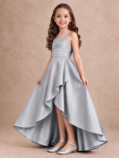 Satin Junior Bridesmaid Dress Spaghetti Strap Criss Cross Back High Low Wedding Gown