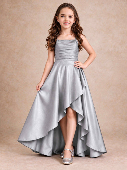 Satin Junior Bridesmaid Dress Spaghetti Strap Criss Cross Back High Low Wedding Gown