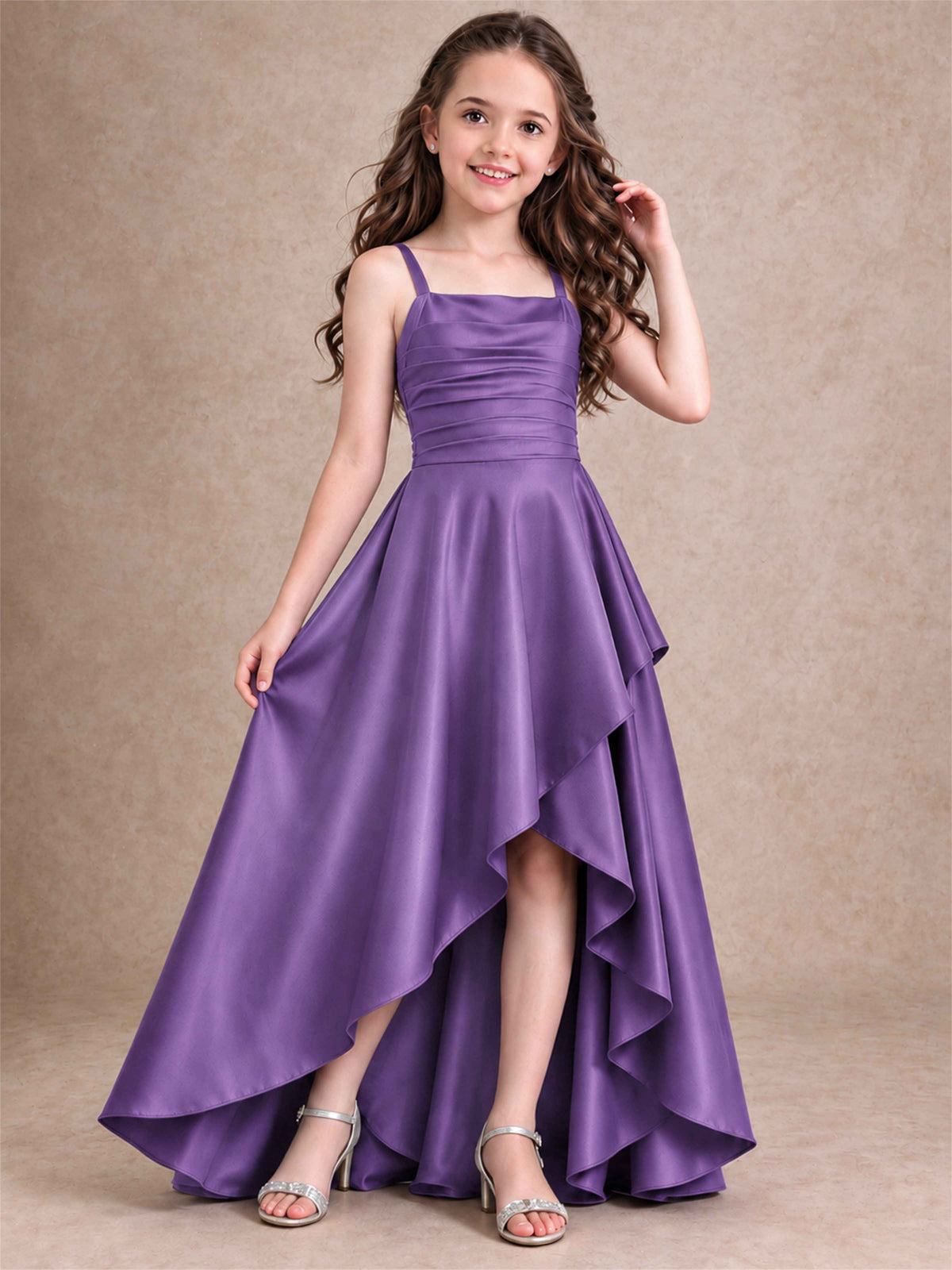 Satin Junior Bridesmaid Dress Spaghetti Strap Criss Cross Back High Low Wedding Gown