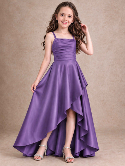 Satin Junior Bridesmaid Dress Spaghetti Strap Criss Cross Back High Low Wedding Gown