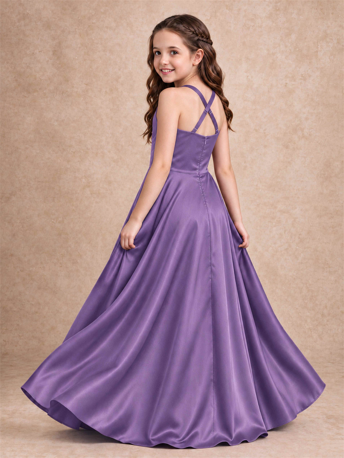 Satin Junior Bridesmaid Dress Spaghetti Strap Criss Cross Back High Low Wedding Gown