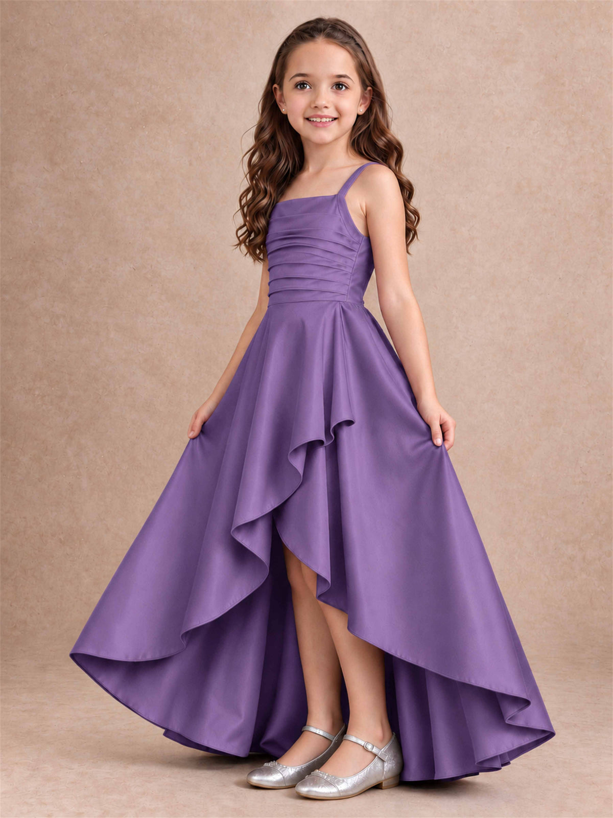Satin Junior Bridesmaid Dress Spaghetti Strap Criss Cross Back High Low Wedding Gown