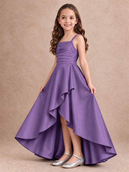 Satin Junior Bridesmaid Dress Spaghetti Strap Criss Cross Back High Low Wedding Gown