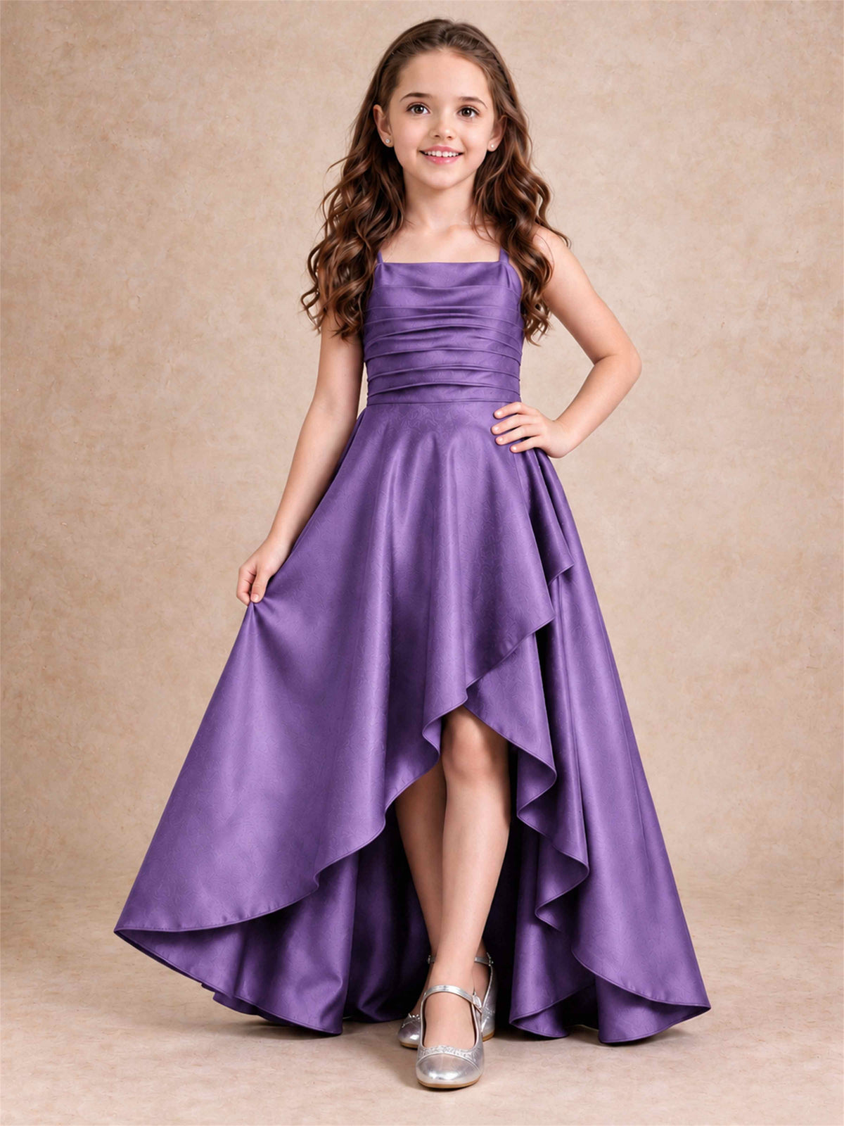 Satin Junior Bridesmaid Dress Spaghetti Strap Criss Cross Back High Low Wedding Gown