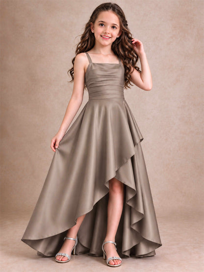 Satin Junior Bridesmaid Dress Spaghetti Strap Criss Cross Back High Low Wedding Gown