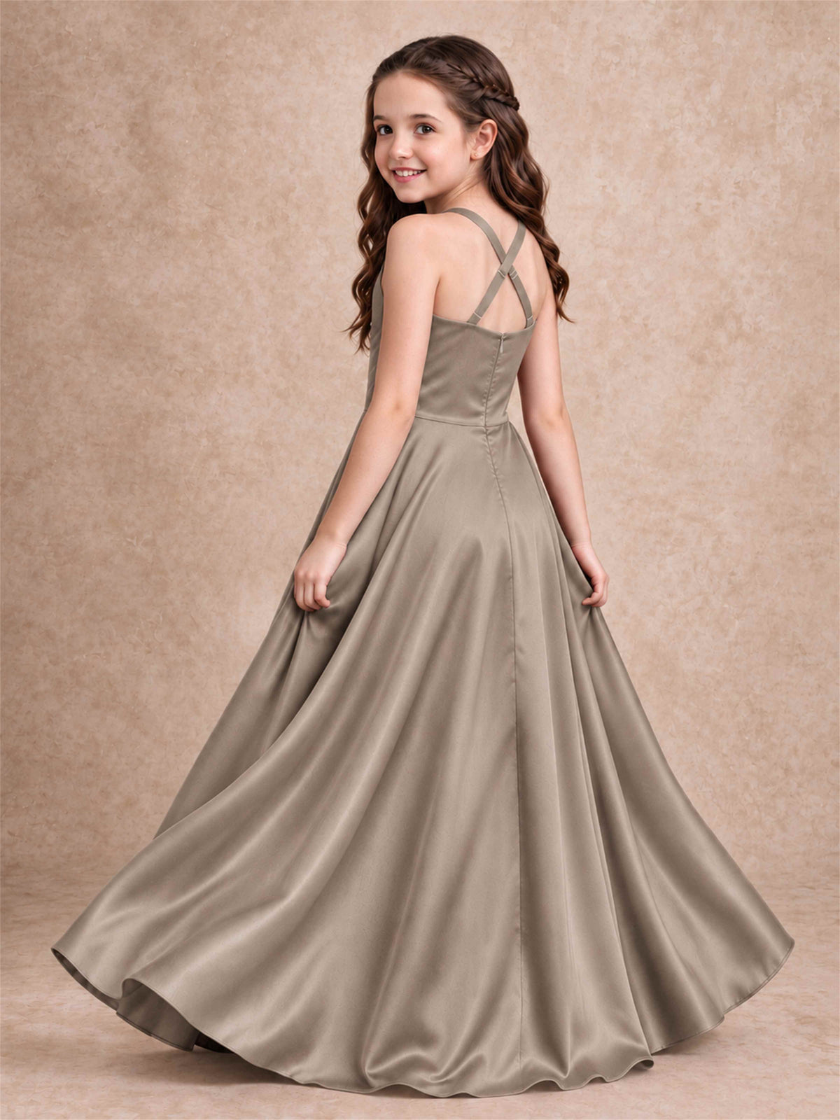 Satin Junior Bridesmaid Dress Spaghetti Strap Criss Cross Back High Low Wedding Gown