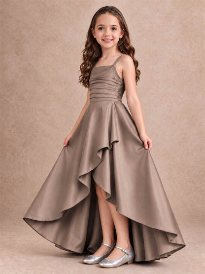 Satin Junior Bridesmaid Dress Spaghetti Strap Criss Cross Back High Low Wedding Gown