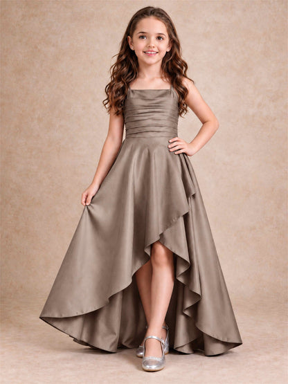 Satin Junior Bridesmaid Dress Spaghetti Strap Criss Cross Back High Low Wedding Gown