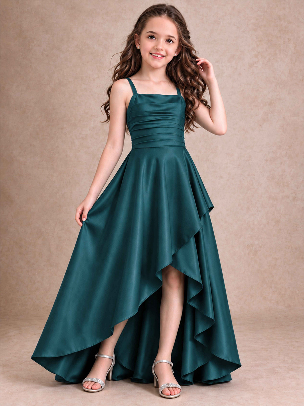 Satin Junior Bridesmaid Dress Spaghetti Strap Criss Cross Back High Low Wedding Gown