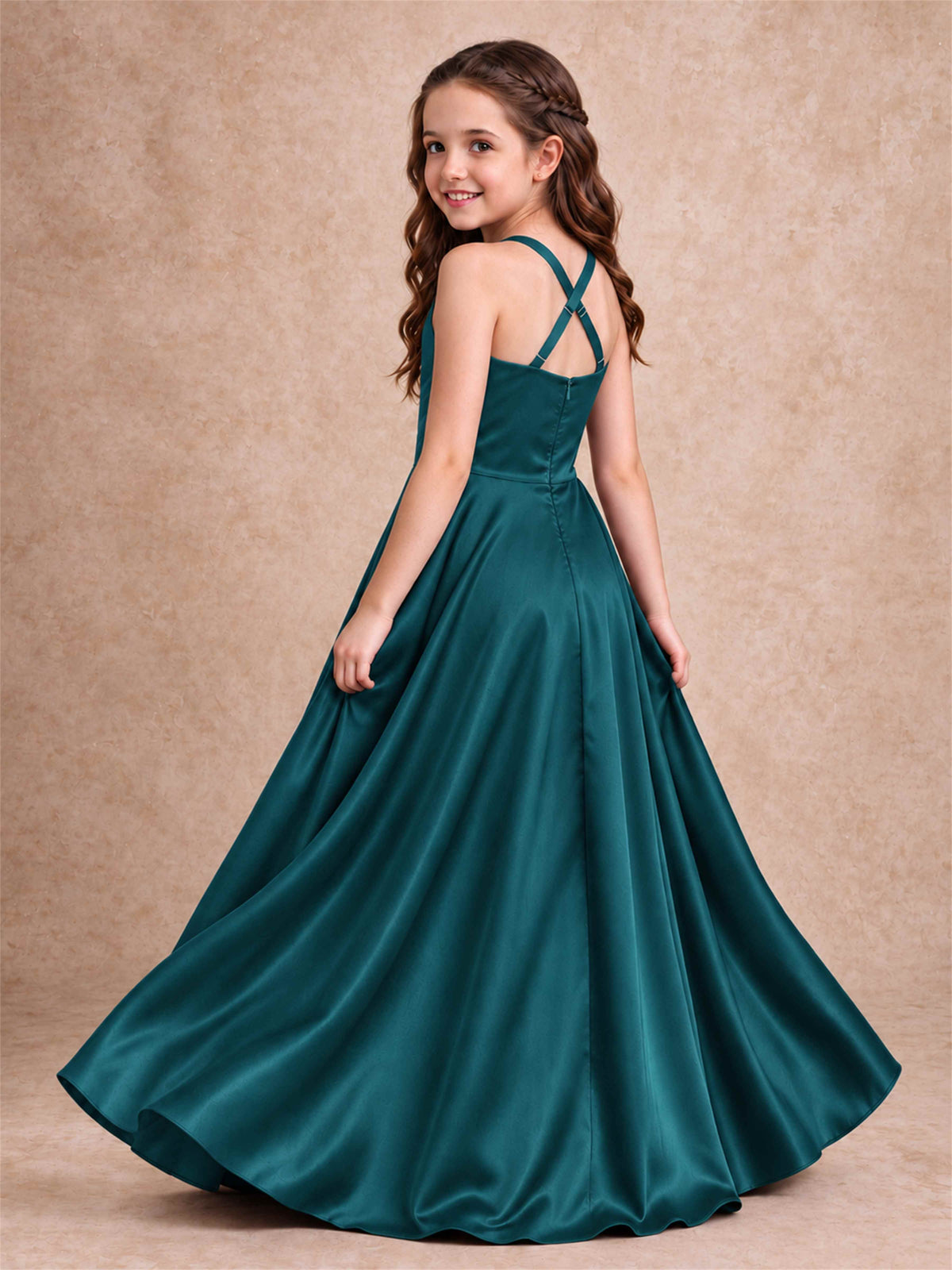Satin Junior Bridesmaid Dress Spaghetti Strap Criss Cross Back High Low Wedding Gown