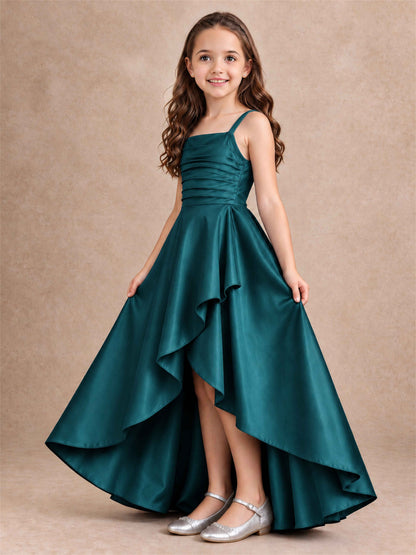 Satin Junior Bridesmaid Dress Spaghetti Strap Criss Cross Back High Low Wedding Gown
