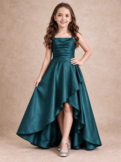 Satin Junior Bridesmaid Dress Spaghetti Strap Criss Cross Back High Low Wedding Gown