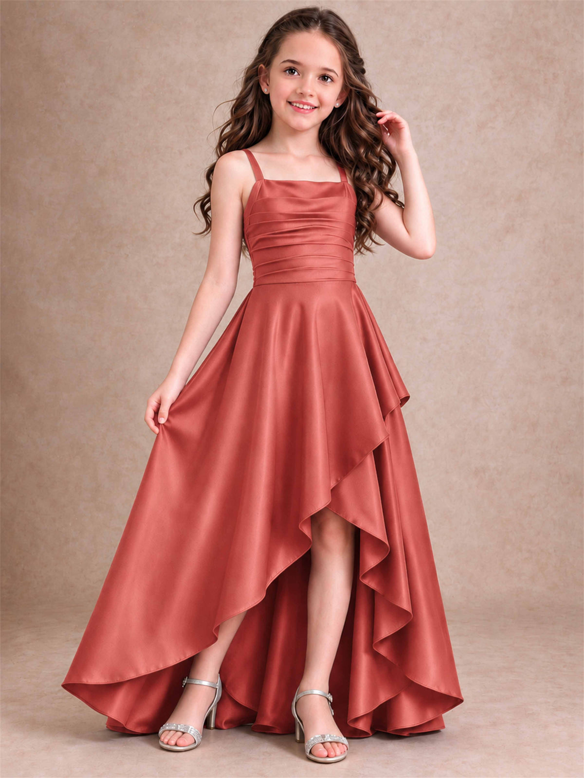 Satin Junior Bridesmaid Dress Spaghetti Strap Criss Cross Back High Low Wedding Gown