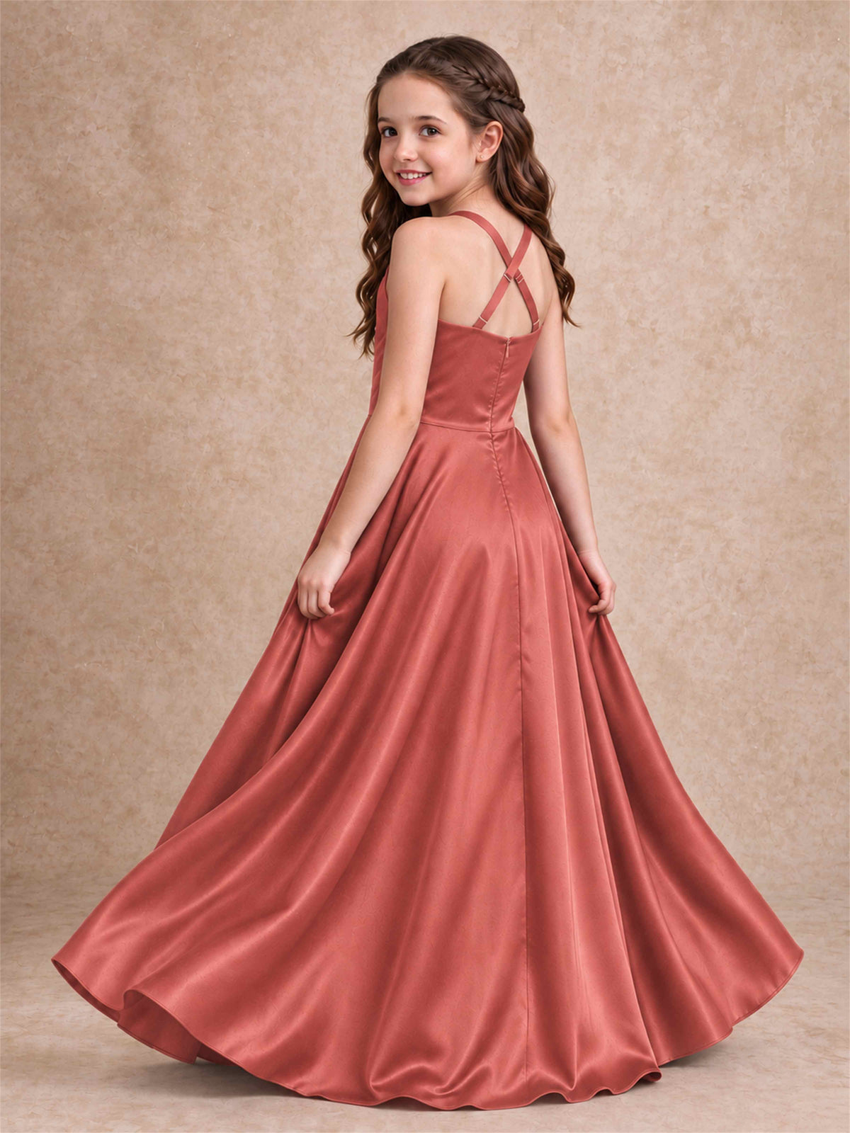 Satin Junior Bridesmaid Dress Spaghetti Strap Criss Cross Back High Low Wedding Gown