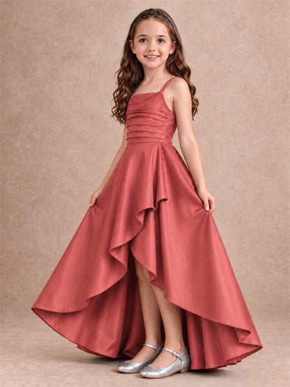Satin Junior Bridesmaid Dress Spaghetti Strap Criss Cross Back High Low Wedding Gown