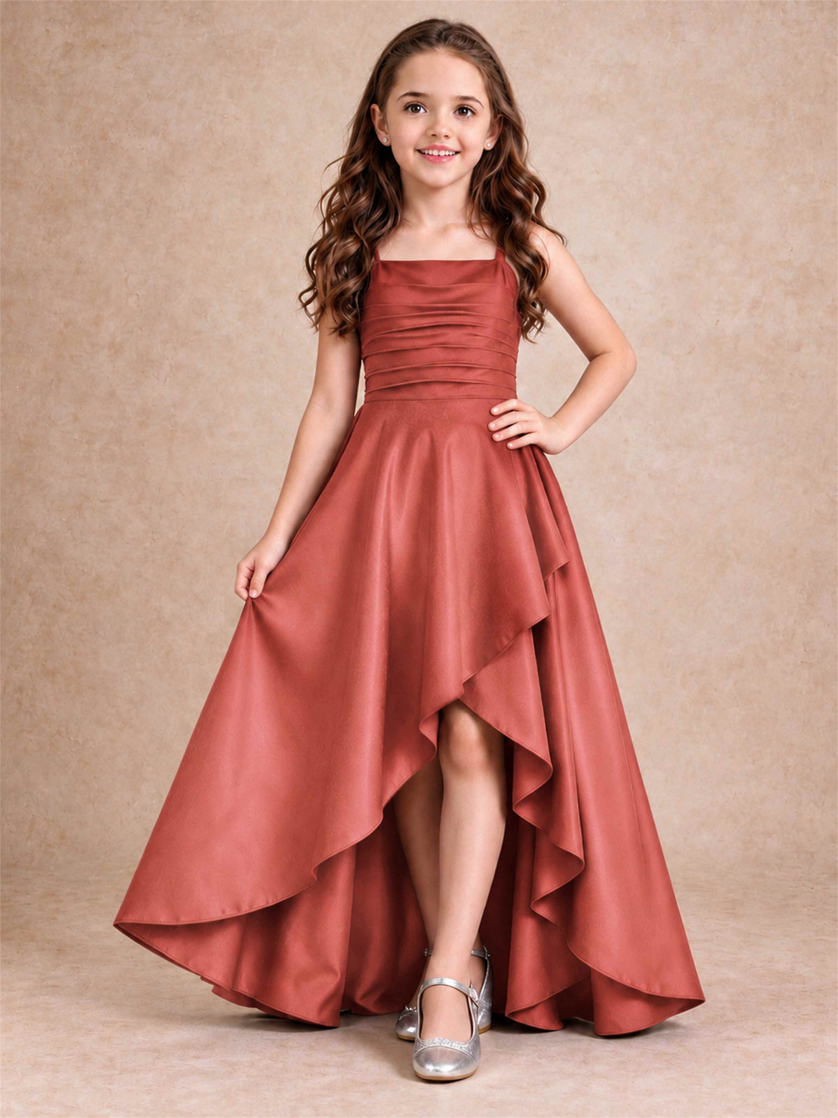 Satin Junior Bridesmaid Dress Spaghetti Strap Criss Cross Back High Low Wedding Gown