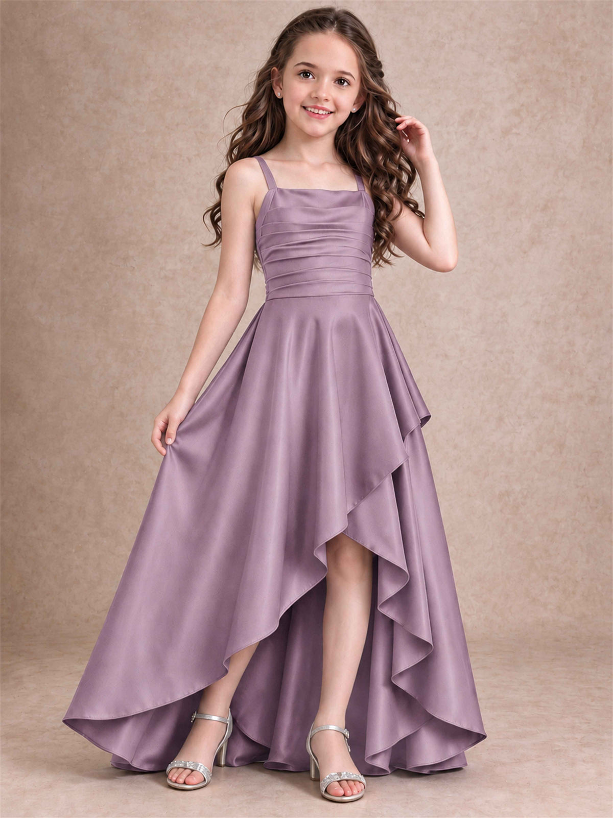 Satin Junior Bridesmaid Dress Spaghetti Strap Criss Cross Back High Low Wedding Gown