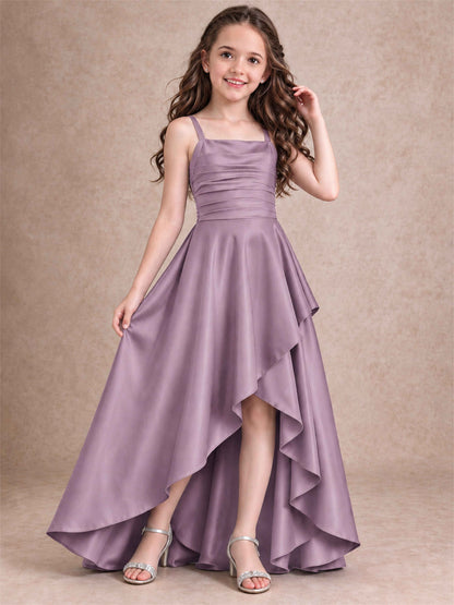 Satin Junior Bridesmaid Dress Spaghetti Strap Criss Cross Back High Low Wedding Gown