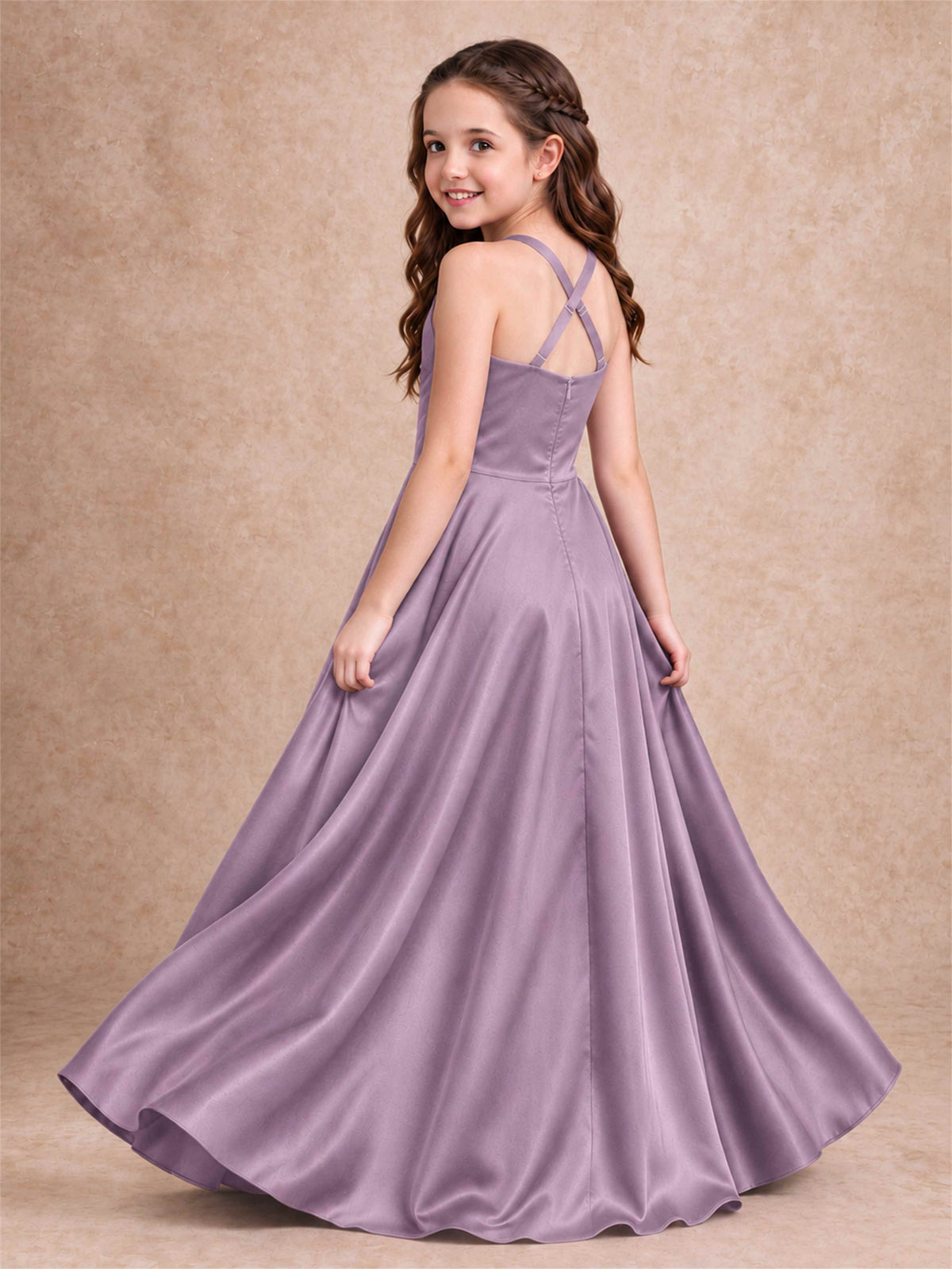 Satin Junior Bridesmaid Dress Spaghetti Strap Criss Cross Back High Low Wedding Gown