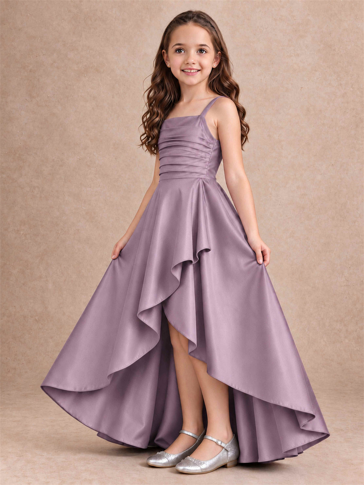 Satin Junior Bridesmaid Dress Spaghetti Strap Criss Cross Back High Low Wedding Gown