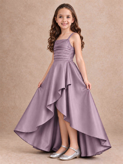 Satin Junior Bridesmaid Dress Spaghetti Strap Criss Cross Back High Low Wedding Gown