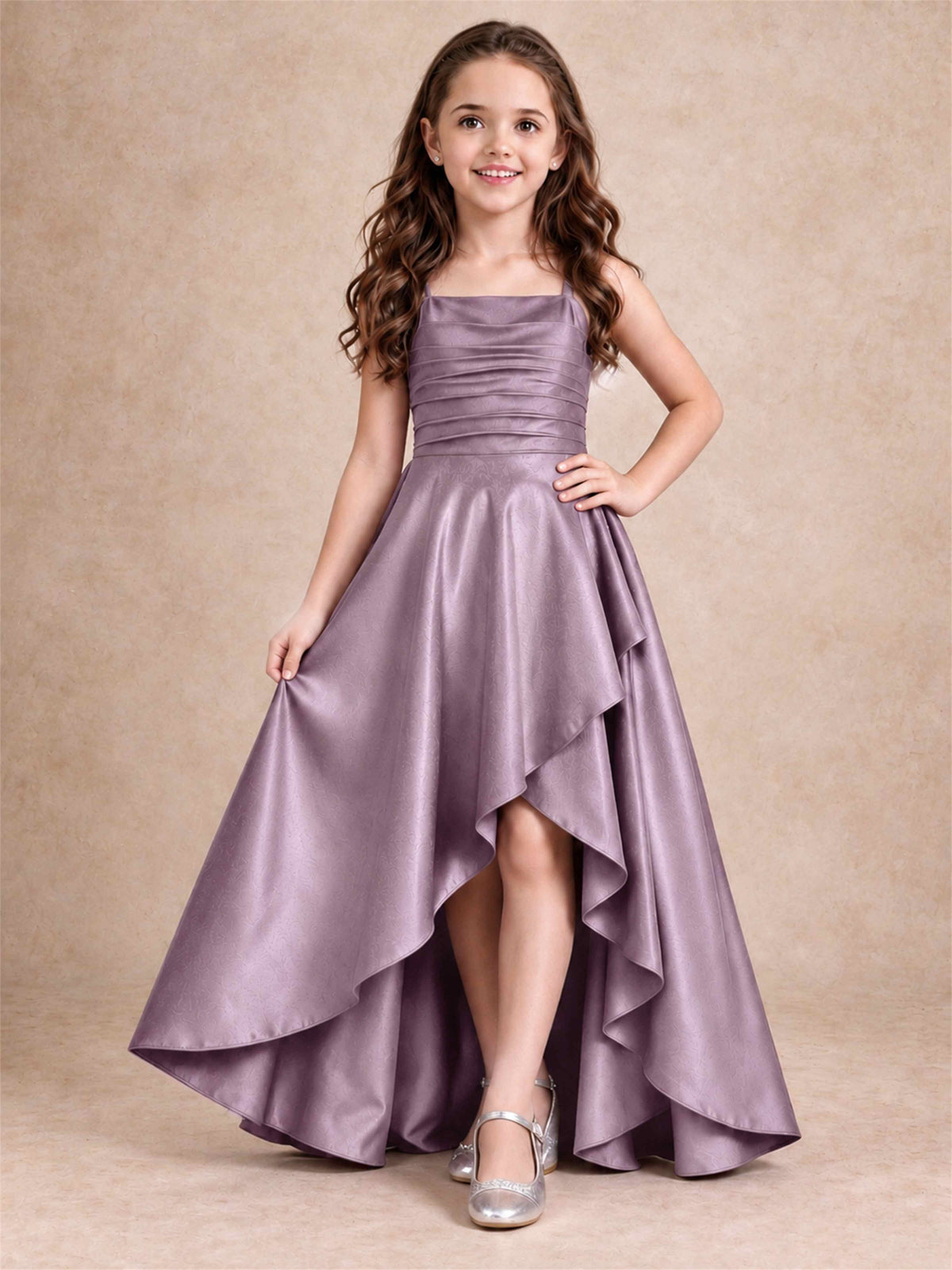 Satin Junior Bridesmaid Dress Spaghetti Strap Criss Cross Back High Low Wedding Gown