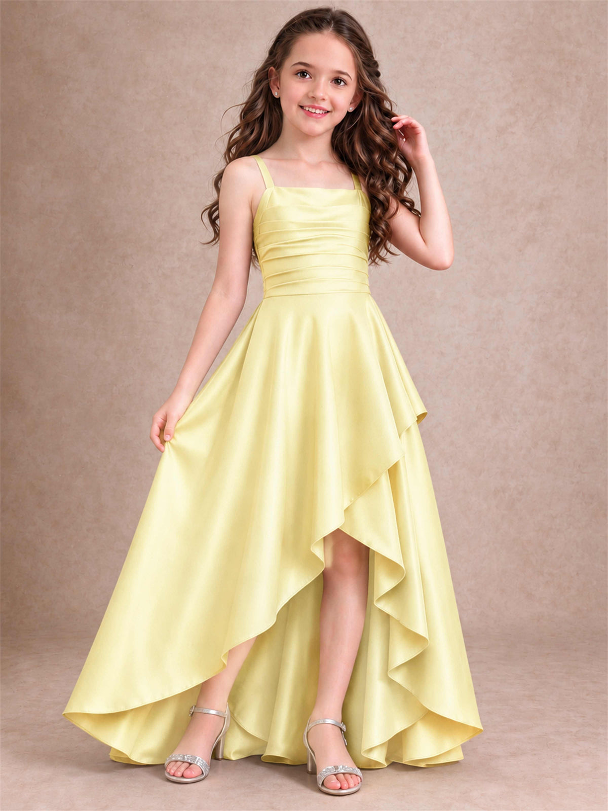 Satin Junior Bridesmaid Dress Spaghetti Strap Criss Cross Back High Low Wedding Gown