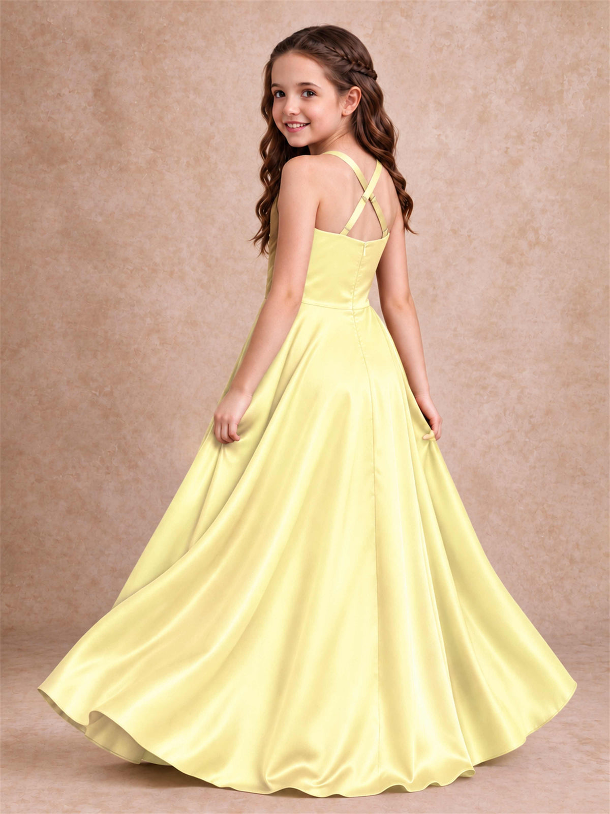 Satin Junior Bridesmaid Dress Spaghetti Strap Criss Cross Back High Low Wedding Gown