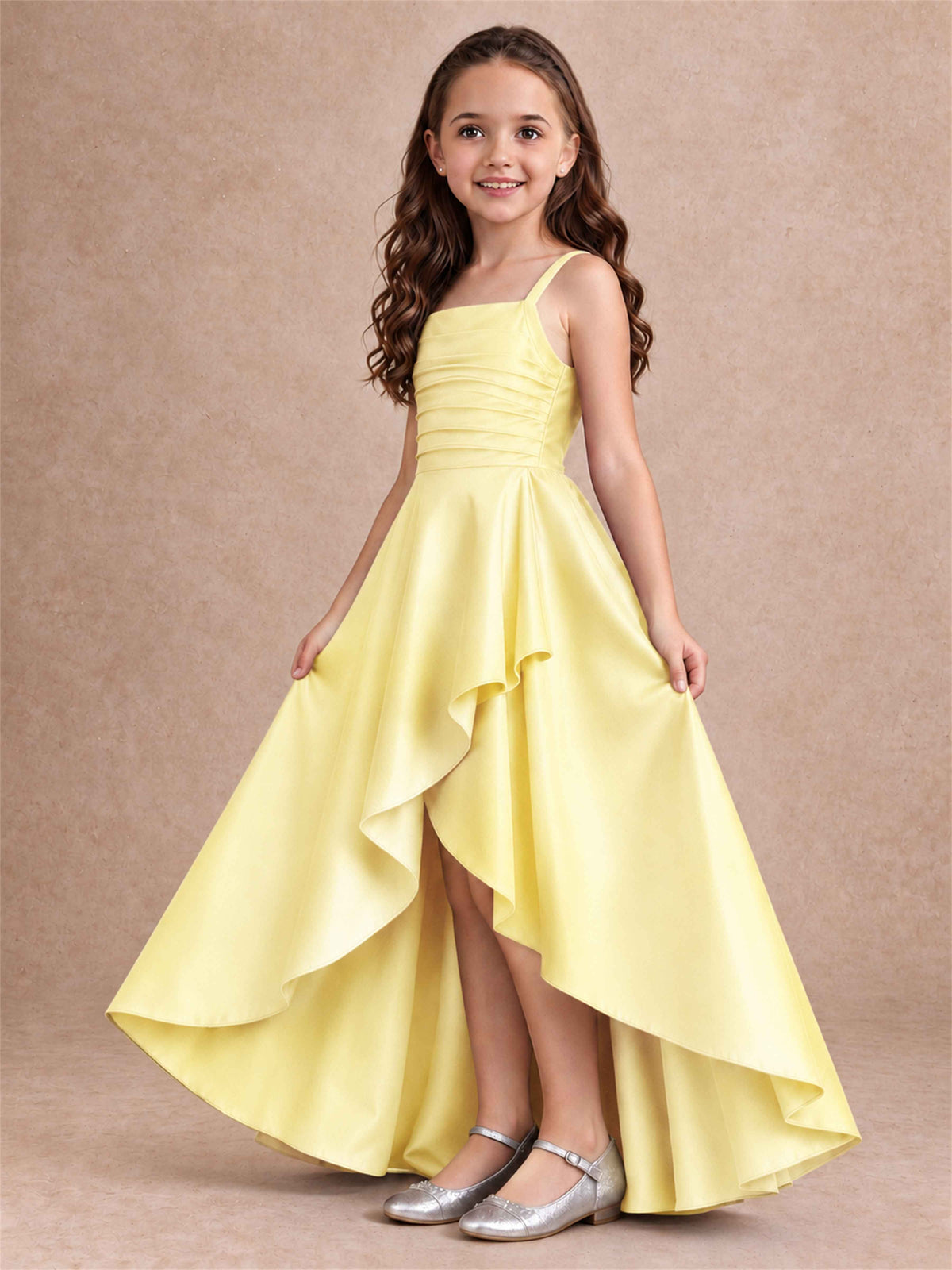 Satin Junior Bridesmaid Dress Spaghetti Strap Criss Cross Back High Low Wedding Gown