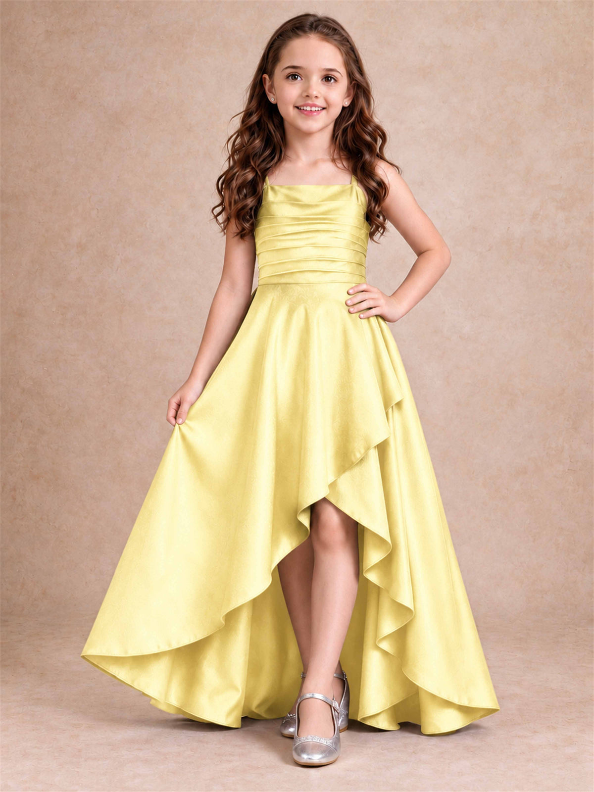 Satin Junior Bridesmaid Dress Spaghetti Strap Criss Cross Back High Low Wedding Gown