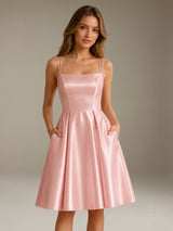 Free Shipping Satin Square Neck Spaghetti Strap A Line Short Homecoming Dress with Pockets